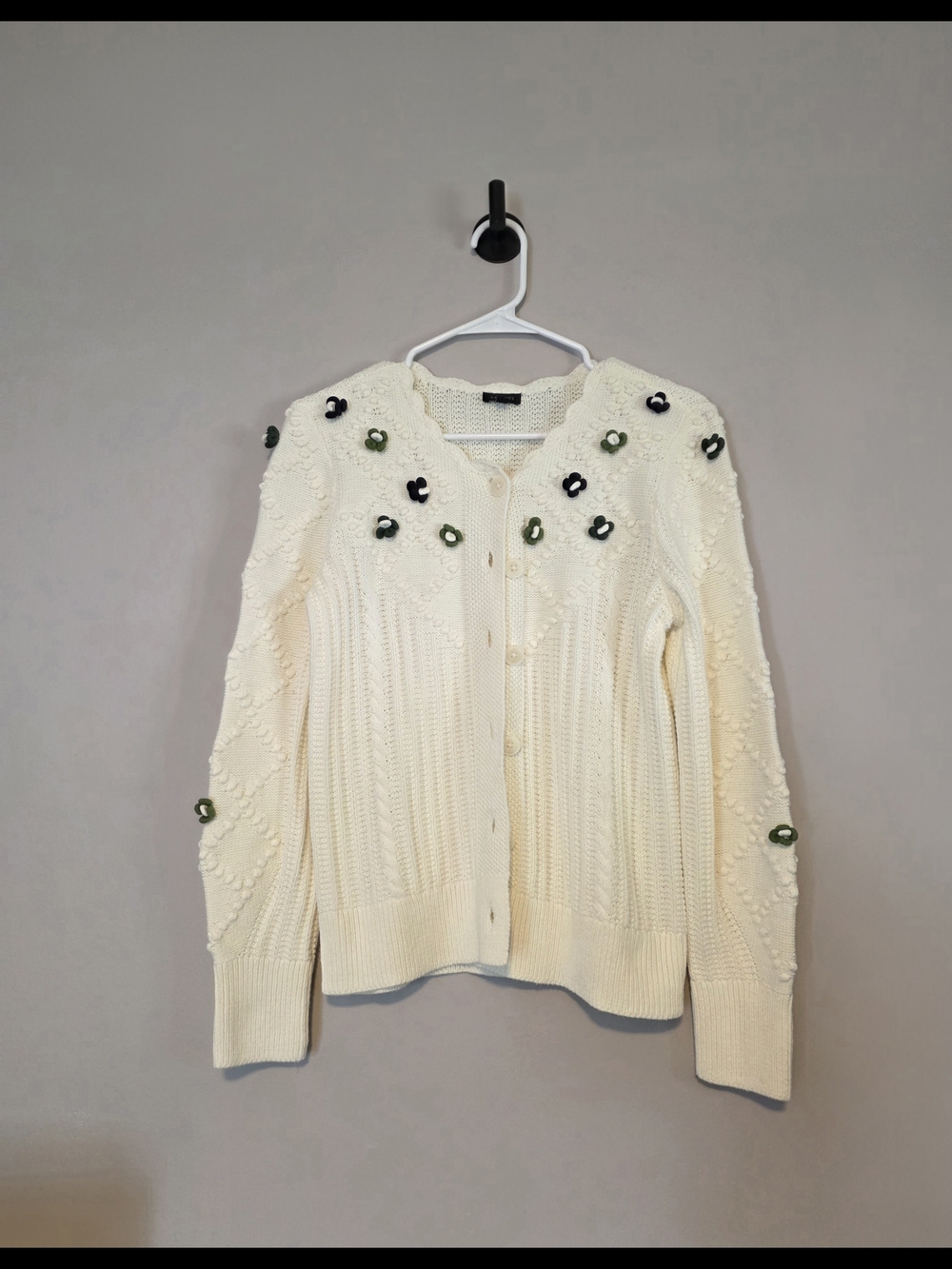Talbots Cream Knit Cardigan with Green and Black Flower Accents
